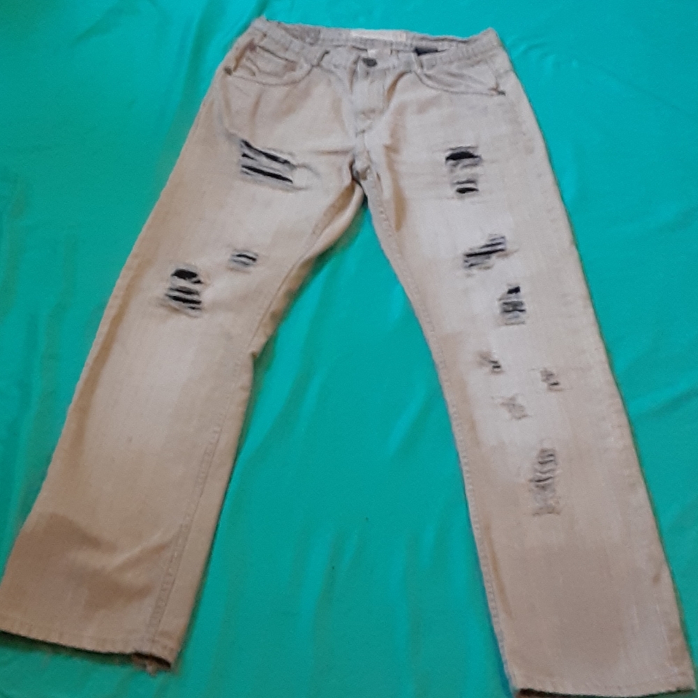 VINTAGE BRASS Tan , Distressed  JEANS, Size 32x32